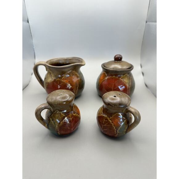 Vintage Ceramic Fall Leaf Pattern Cream Sugar Salt Pepper Unmarked - Picture 2 of 7
